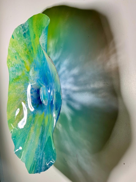 Recycled plastic coastal home small wall flower handmade sculpture 9” green, aqua & periwinkle blue looks like glass-bedroom decor