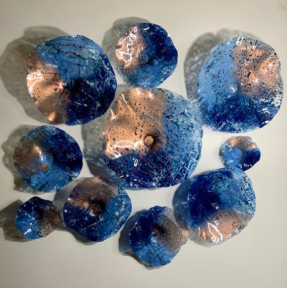 Shades of blue/copper/white wall flower dish art set 10 up-cycled polymer indoor outdoor decor/looks like glass/boho home art/window hanging