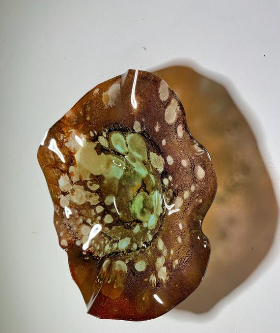 Boho Modern Floral Art: Handmade 5” Earth Tone Wall Flower in Brown & Aqua Green Up cycled plastic looks like glass