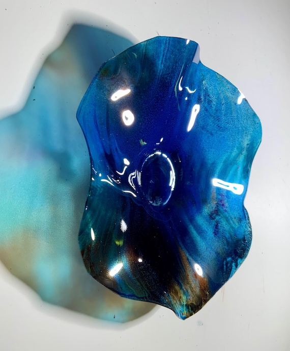 Upcycled plastic wall art monochromatic blue Handmade round Wall flower hanging home decor x-small 5”  looks like glass/outdoor lanai art