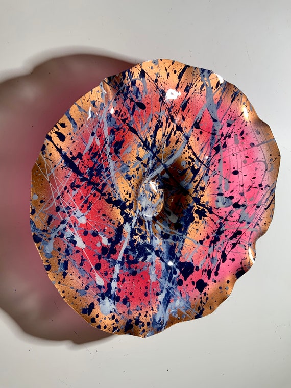 Small Wall flower dish eco art  9” copper/pink/navy/light blue handmade eco-friendly plastic home decor/looks like glass/unique gift for her