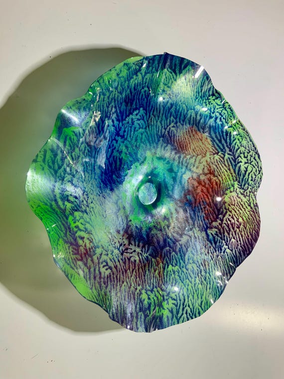 Large Recycled Plastic Wall Flower: Green, Blue, Coral, and Silver Art (15 inch)