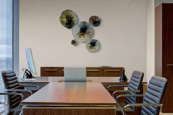 Contemporary Wallflower Decor - Set of 5 in neutral Black & green handmade recycled plastic-looks like glass