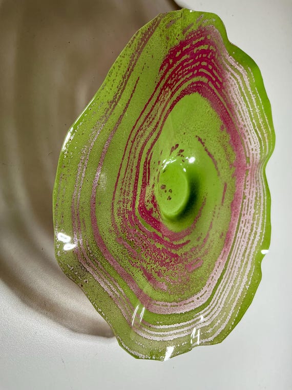 Vibrant up cycled polymer Wall Art 9” | green & pink Home Decor- looks like glass