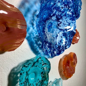 Original wall flower sculpture handmade beach home decor/eco-friendly plastic set of 9 blue/orange/silver/aqua/white/taupe looks like glass