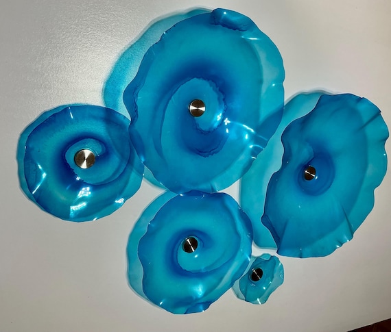 Wall sculpture pale blue/ocean blue flowers art up cycled polymer looks like glass- handmade wall Hanging art/you pick size & quantity