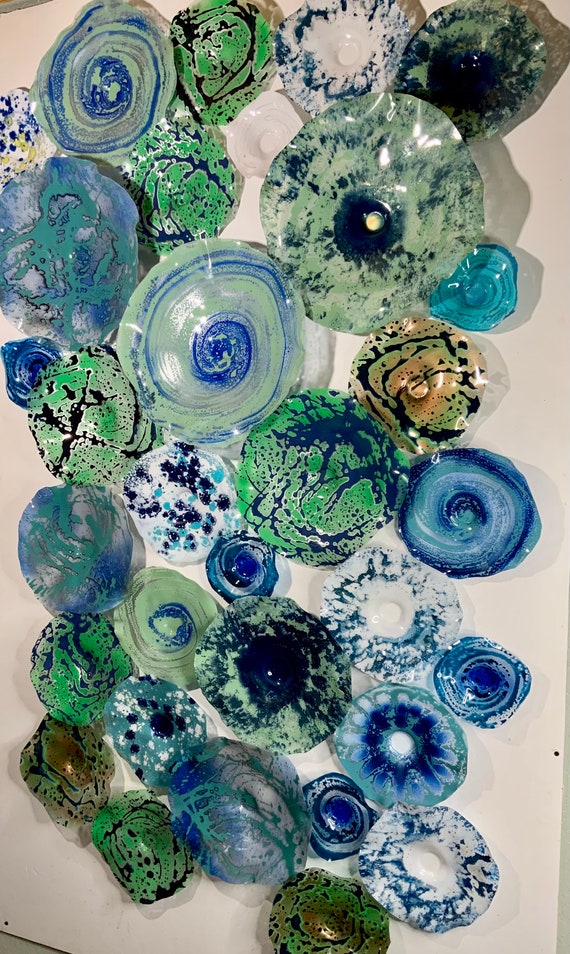 Wall Flower designer Plates 32 artist choice greens/blues up-cycled plastic/looks like glass/large wall mural/home decor art