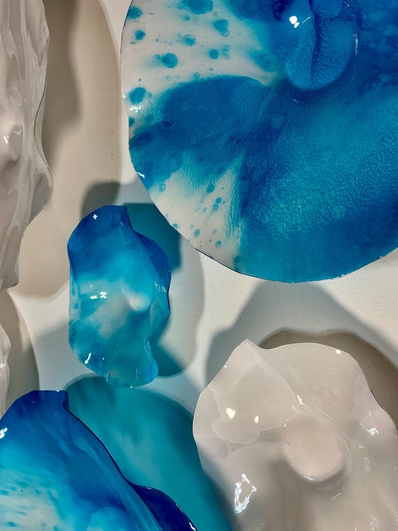 Vibrant Handmade Wall Flowers by Ocean Arts in ocean blue & white - Up cycled Polymer Glass-Look Decor