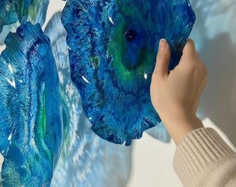 Wall Flower sculpture Teal blue-green recycled plastic looks like glass- wall mount - indoor outdoor wall decor You pick size & quantity