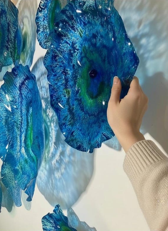Wall Flower sculpture Teal blue-green recycled plastic looks like glass/wall mount/indoor outdoor/boho wall decor You pick size/quantity