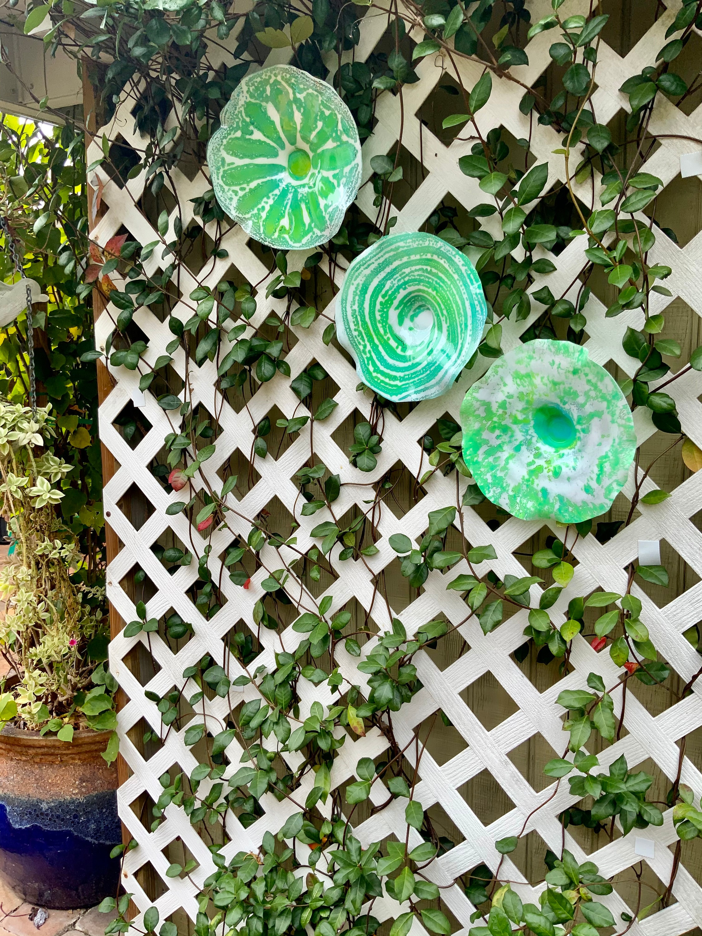 Wall sculpture light/aqua blue/white 3 up cycled translucent plastic