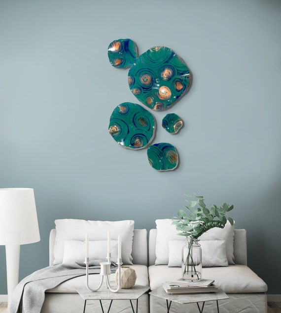 Aqua Jade Recycled Plastic Wall Flowers: Modern Beach House Decor mural, Set of 5