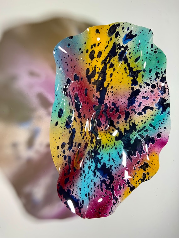 Handmade round wall flower 13”/upcycled plastic/aqua/raspberry/blue/yellow home decor/living room eco art/looks like glass