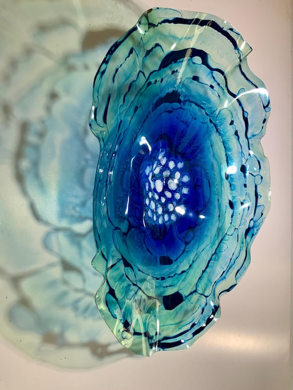 CoralREEFlection Unique Wall Flower beach Home decor 19” handmade recycled plastic teal/blue/white/looks like glass/coastal wall hanging art