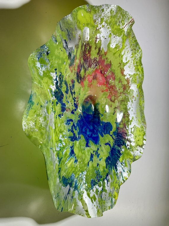 Artisan 12” Wall Flower in Vibrant Green, Blue, Silver & Pink - Handmade Decor from Recycled Plastic -looks like glass