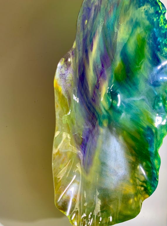 Up cycledwater bottle art original handmade green/purple/blue/gold boho home decor extra large 19” looks like glass/colorful wall hanging