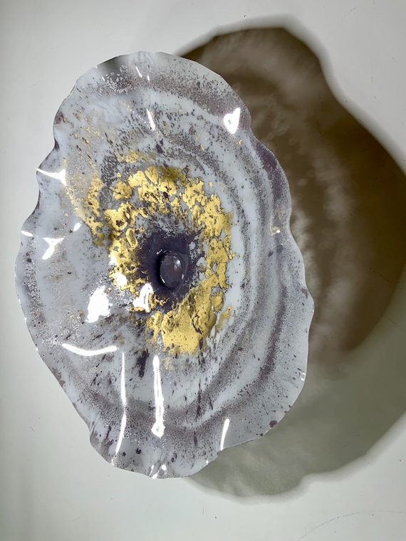 Recycled water bottle wall flower 15” handmade- violet gray, /gold& white looks like glass/home decor art- beach home -cool wall art