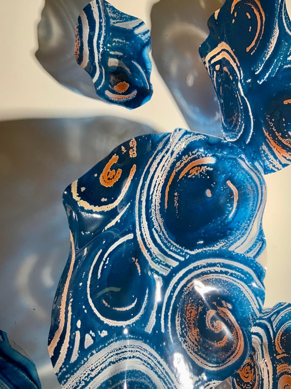 Blue Copper Recycled Plastic Wall Flower Sculpture: Boho Home Decor Art