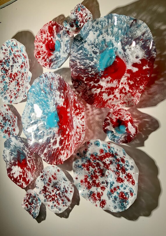 Handmade Large Wall Flower Sculpture: Red, Aqua, White Recycled P.E.T. Art - resembles glass