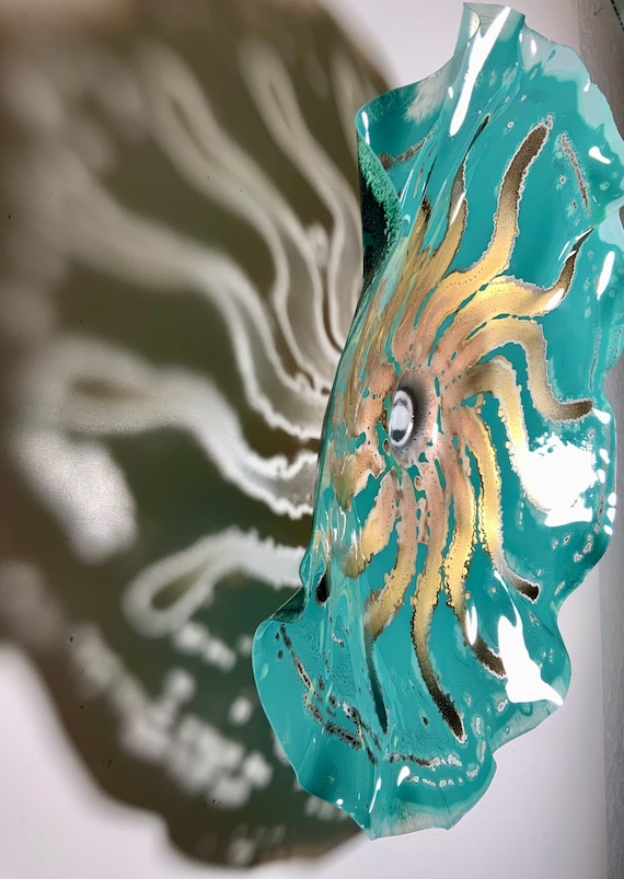 Home decor wall flower extra large handmade Recycled plastic 19” turquoise/gold/silver/looks like glass- collectible art