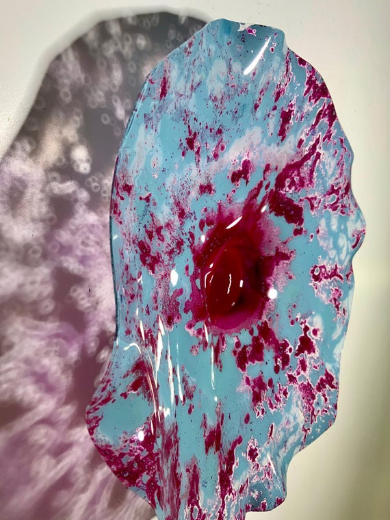 Recycled Plastic Wall Flower: sea foam blue & burgundy handmade Boho Decor by Todd Lynd/looks like glass