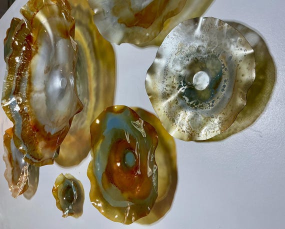 Vibrant Handmade Wall Flowers by Ocean Arts - amber, burnt, orange, silver, and slate blue-gray - Upcycled Polymer Glass-Look Decor