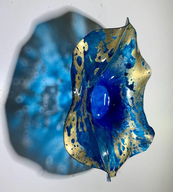 Blue/gold/silver Handmade original round Wall flower hanging home decor recycled plastic extra small 5” looks like glass/unique wall art