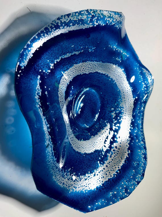 One of a kind ocean blue & silver swirl  X-Small wall flower 5” handmade recycled polymer- beach home - looks like glass