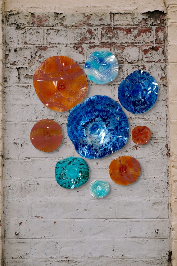 Original wall flower sculpture handmade beach home decor/eco-friendly plastic set of 9 blue/orange/silver/aqua/white/taupe looks like glass