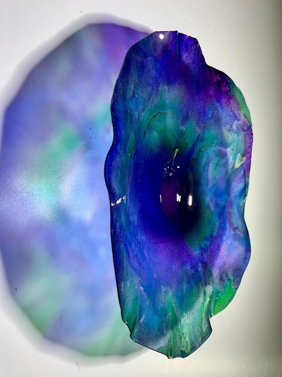 Recycled polymer Small Wall flower handmade 9” amethyst purple, blue & green - environmentally conscious home decor - looks like glass