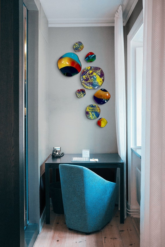 Wall Platter 8 yellow/blue/teal/red/aqua/purple handmade up-cycled plastic looks  like glass/large wall accent/boho home decor mural/patio