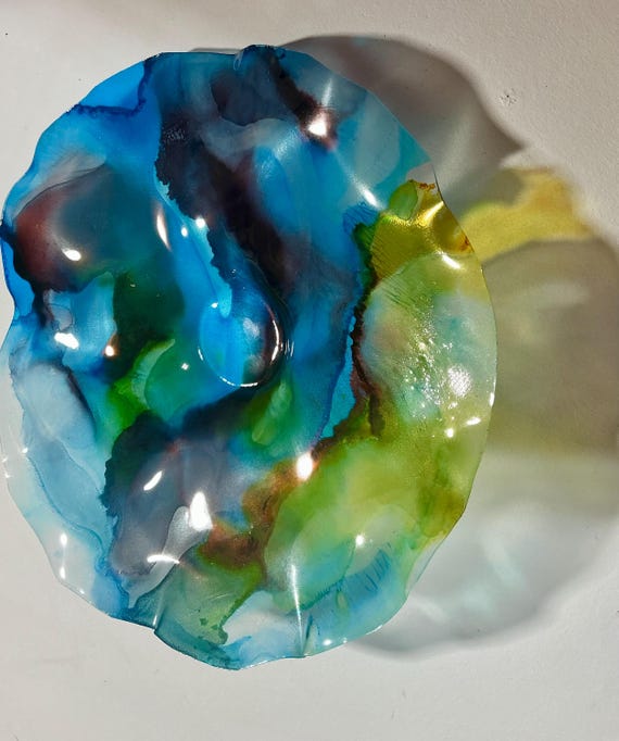 Wall flower home decor yellow & blue - handmade from Recycled Polymer - 9” glass like look