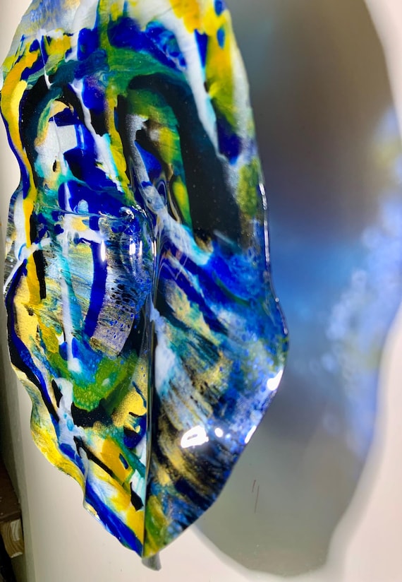 Original Small wall flower  9” handmade eco friendly plastic Todd Lynd art/blue/gold/silver/black/yellow kitchen home decor/looks like glass