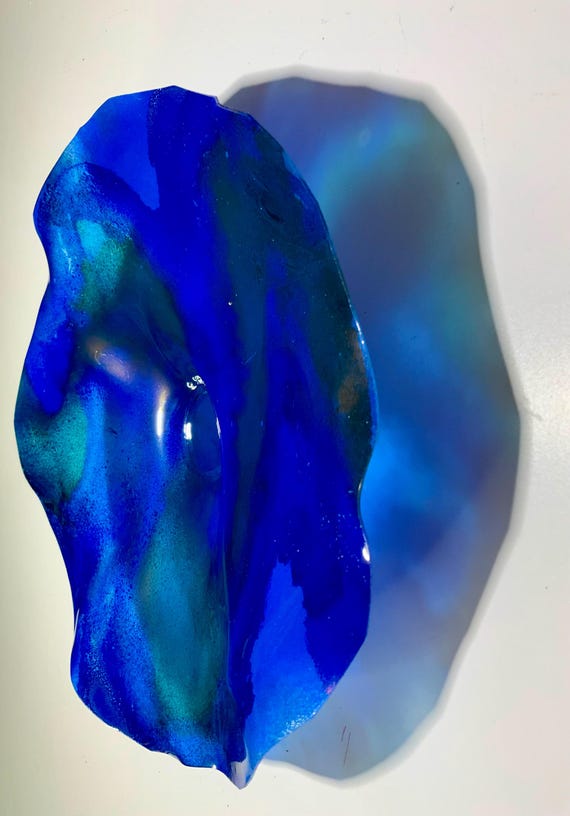 Original Recycled plastic Small Wall flower handmade 9” cobalt blue/green environmentally conscious home decor/looks like glass/outdoor art