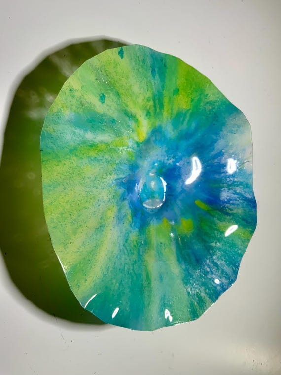 Recycled plastic coastal home small wall flower handmade sculpture 9” green/aqua/periwinkle blue looks like glass-bedroom decor