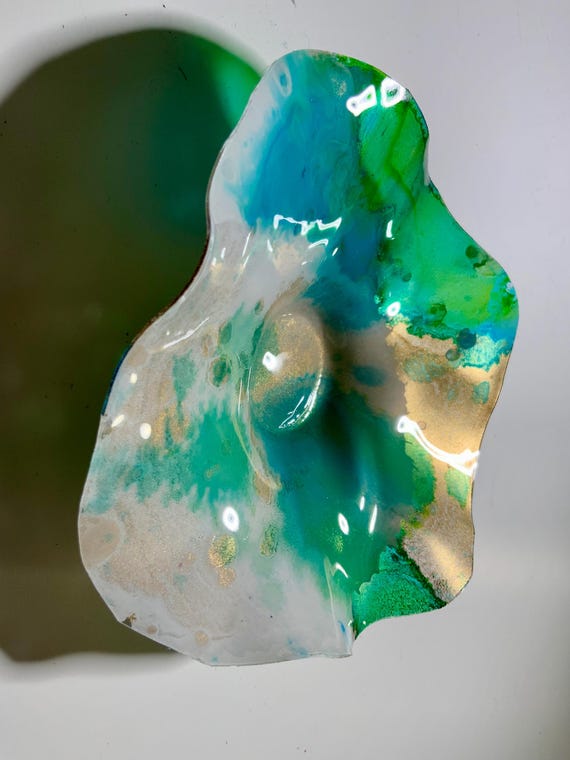 Recycled plastic one of a kind x-Small wall flower 5” handmade green/gold/white/aqua boho beach home decor/wall art/looks like glass