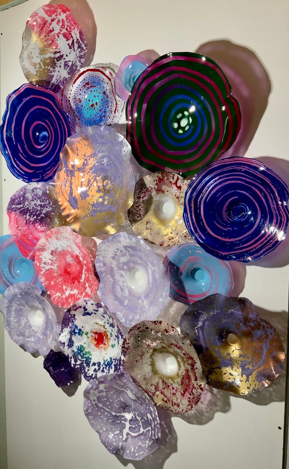 Artist pick funky wall art Purple/multi-Colors wall plates 19 handmade original up cycled plastic/cool home decor/fine art/looks like glass