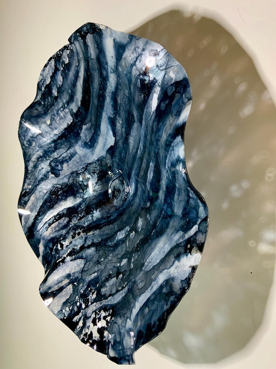 Recycled plastic modern home decor medium wall flower handmade sculpture 12" black/silver/looks like glass/round art/living room art