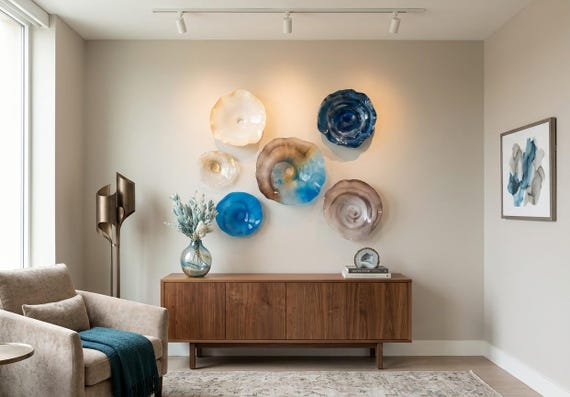 Set of 6 Handmade Wall Flowers in cobalt, indigo blue , beige, taupe, gold & sand-up cycled Polymer Art by Todd Lynd- glass like look