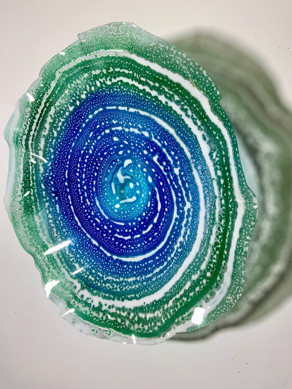 Green/blue/Aqua/white wall sculpture dish 19" handmade extra large wall art up cycled plastic window hanging home decor/ looks like glass