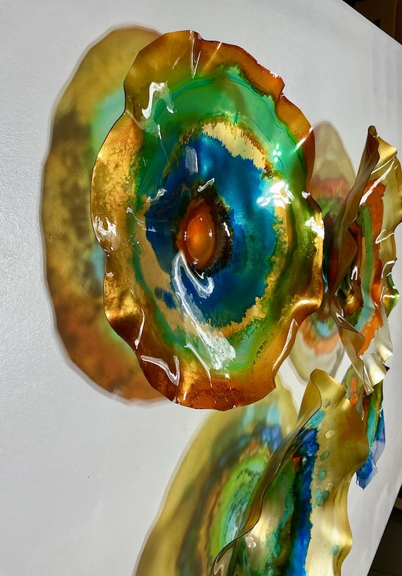 Handmade bronze, gold, cobalt blue, green, copper & burnt orange wall flower | Set of 5 | Elegant up cycle polymer- glass look