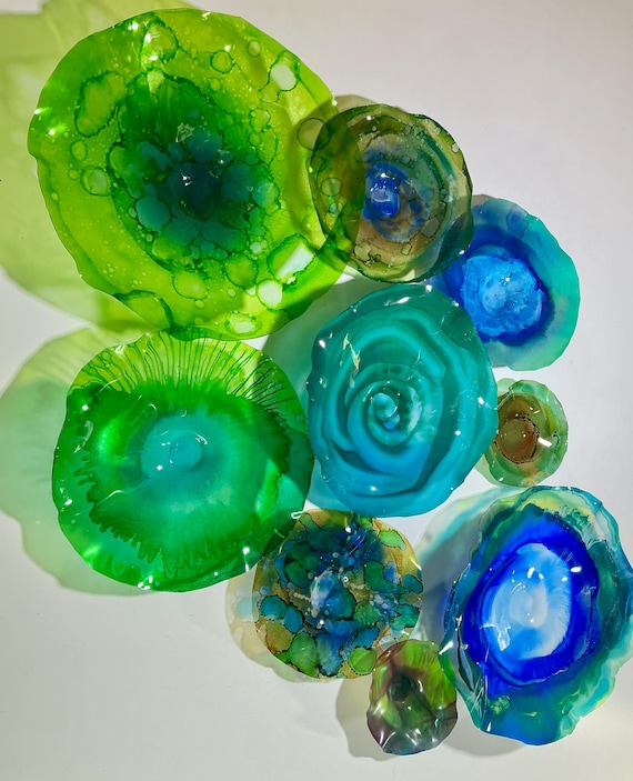 Exclusive Sea Glass Series: Large Wall Mural Set of 9 Handmade Recycled Plastic Decor-green, blue & brown