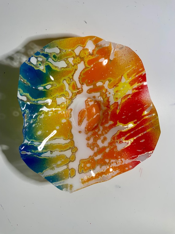 Extra Small wall flower blue/orange/red/white 5” handmade up cycled plastic/modern boho home decor indoor outdoor art/looks like glass