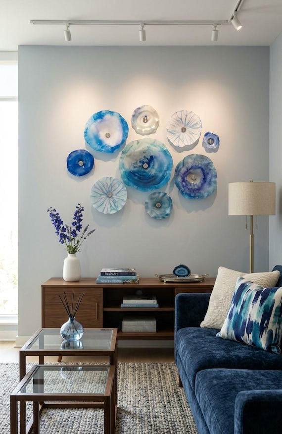 Shades of blue, purple, indigo, sea foam, sage & silver  Wall Art Mural - Handmade up cycled polymer Decor - glass like look