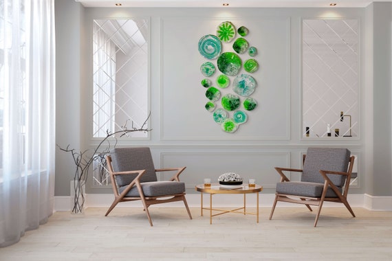 Shades of green/aqua/white wall flower dish art 18 handmade original/home decor/eco-friendly plastic looks like glass/ceiling hanging art