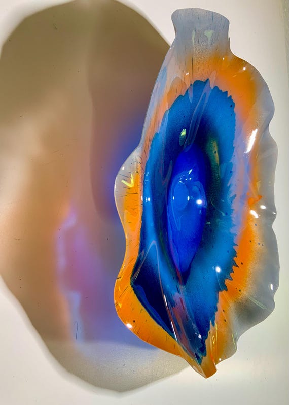 Coastal home decor wall flower handmade up cycled plastic 15” handmade gray/blue/orange blend/looks like glass/cool wall art