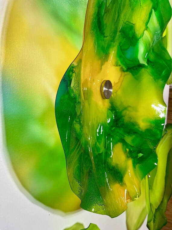 Green and yellow wall flower mural - Glass-Look Wall Art for Commercial & Home Design-handmade up cycled polymer 8 pieces