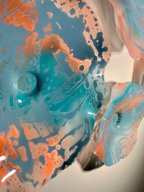 Wall flower 10 aqua marine blue/peachy-orange recycled plastic looks like glass/large wall accent/window hanging/indoor/outdoor home decor