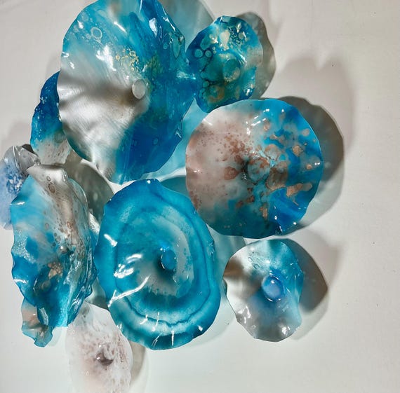 Exclusive Sea Glass Series: Large Wall Mural Set of 10 ocean blue, gold & silver- Handmade Recycled Polymer Decor -glass like look