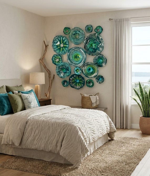 Made to order up cycled polymer - Large mural art 16 handmade home decor teal green, lime yellow, Aqua blue & silver - looks like glass